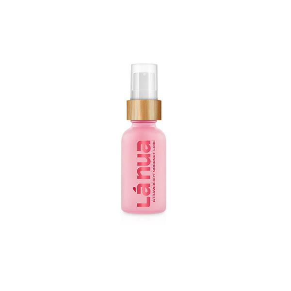 La Nua Strawberry Coconut Water Based Lubricant 1 Oz in a stylish pink bottle with a bamboo cap.