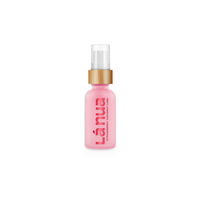 La Nua Strawberry Coconut Water Based Lubricant 1 Oz in a stylish pink bottle with a bamboo cap.