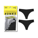 Bonks Black Magic Seamless Thong One Size packaging with black thong underwear, premium pre-washed and edgeless.