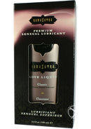 Kama Sutra Love Liquid Classic Water Based Lubricant 3.4 Oz package design showcasing sensual lubricant details.
