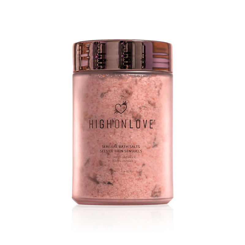 HighOnLove Sensual Bath Salts jar with pink salt, perfect for luxurious and relaxing self-care rituals.