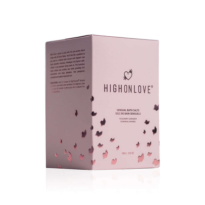 HighOnLove Sensual Bath Salts packaging box with pink design and product details on the side.