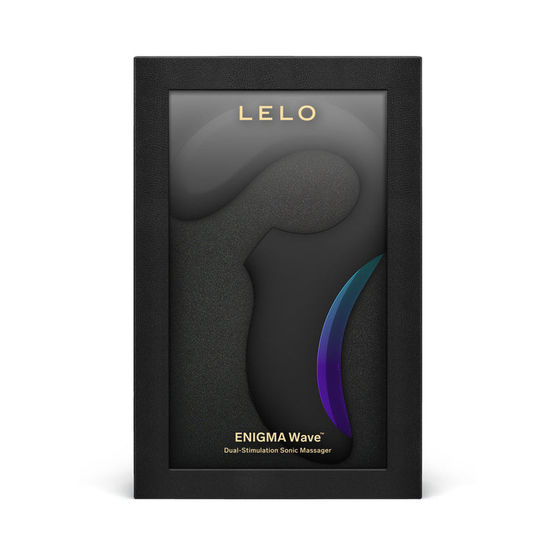 LELO Enigma Wave Suction Dual Stimulator Black packaging featuring a sleek design for dual stimulation pleasure.