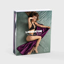 Liberator Fascinator Waterproof Throw Travel Blanket Black packaging with model showcasing travel-sized versatility.