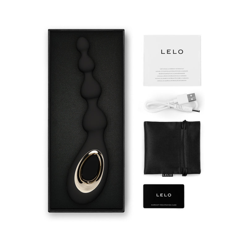 LELO SORAYA Anal Beads Massager Black in elegant packaging with accessories and instruction card.
