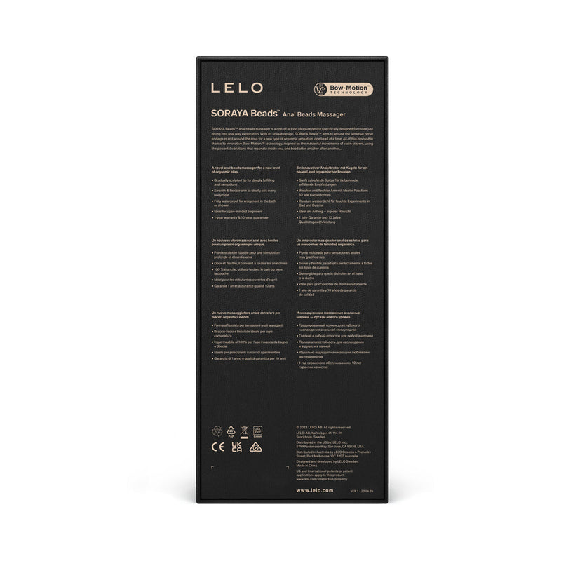 LELO SORAYA Anal Beads Purple product packaging with detailed information and Bow-Motion technology description.