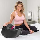 Liberator Pulse Sex Toy Mount Microfiber Black in use with a woman on a bed showcasing its ergonomic design.