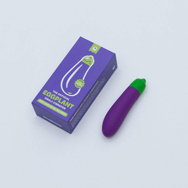 Emojibator Eggplant Vibrator USB packaging and product, playful eggplant design, perfect for fun and intimacy.