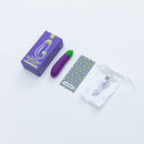 Emojibator Eggplant Vibrator USB with packaging, USB charger, and storage bag, for playful pleasure.