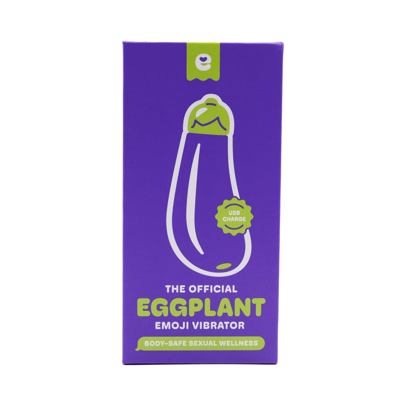 Emojibator Eggplant Vibrator USB packaging showcasing fun design and USB charging feature.