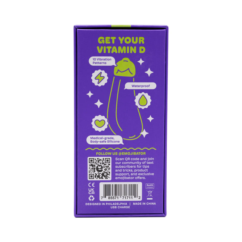 Emojibator Eggplant Vibrator USB packaging showing waterproof features and vitamin D message.