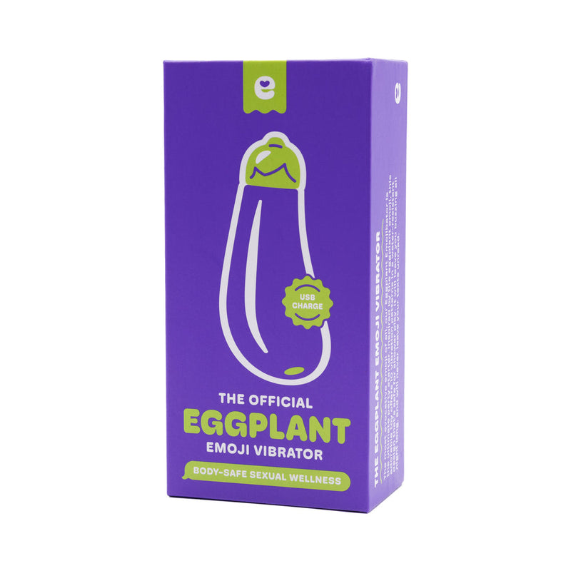 Emojibator Eggplant Vibrator USB packaging featuring a playful eggplant design in vibrant colors.