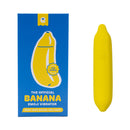 Emojibator Banana USB Rechargeable Vibrator Yellow packaging and product display on a white background.