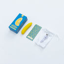 Emojibator Banana USB Rechargeable Vibrator Yellow with box, USB cable, and playful design accessories.