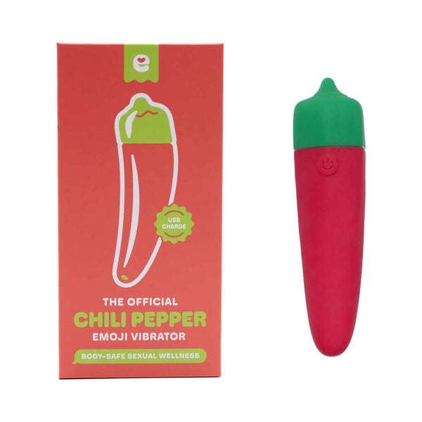 Emojibator Chili Pepper USB Vibrator packaging and product showcasing a vibrant chili pepper design.