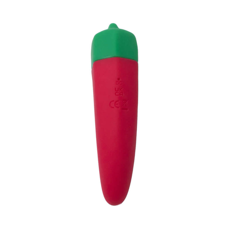 Emojibator Chili Pepper USB Vibrator in red with green cap, compact and waterproof design for pleasure.