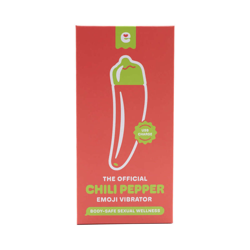 Emojibator Chili Pepper USB Vibrator packaging featuring a chili pepper design and body-safe sexual wellness information.