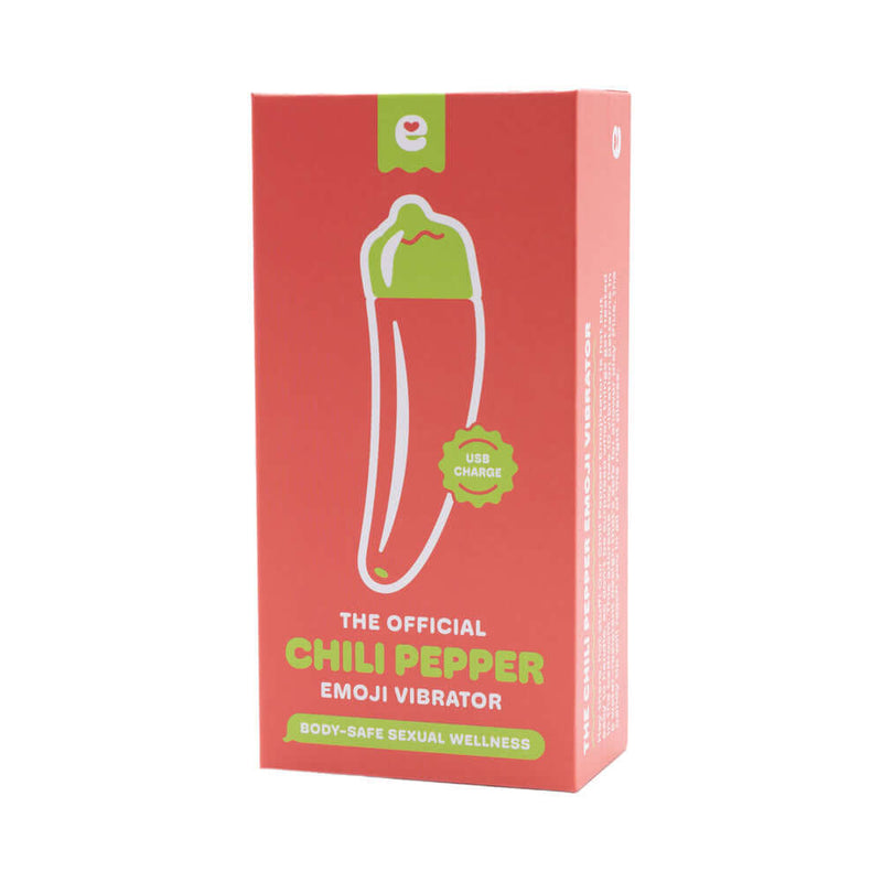 Emojibator Chili Pepper USB Vibrator packaging with vibrant design and USB-charge feature for body-safe pleasure.