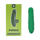 Emojibator Pickle USB Silicone Vibrator Green next to its eco-friendly packaging, showcasing its playful and functional design.