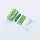 Emojibator Pickle USB Silicone Vibrator Green with packaging, instruction card, and charging cable on a white background.