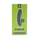 Emojibator Pickle USB Silicone Vibrator Green packaging featuring a fun pickle design and USB charge details.