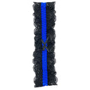 Popsi Lingerie Lace Garter Black and Blue One Size displayed, featuring lace and a blue elastic band with a bow.