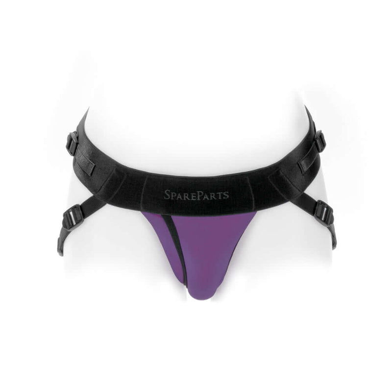 SpareParts Joque Cover Underwear Harness Purple Size A Nylon on a mannequin, showcasing its sleek design and comfort features.