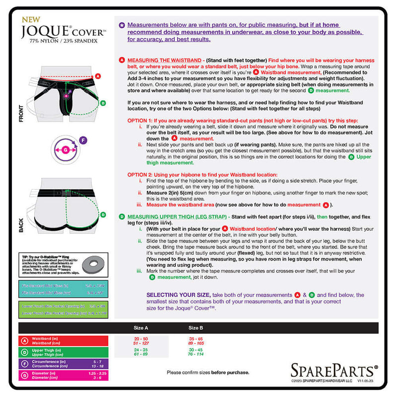 SpareParts Joque Cover Underwear Harness Purple Size A Nylon sizing guide and measurement instructions.