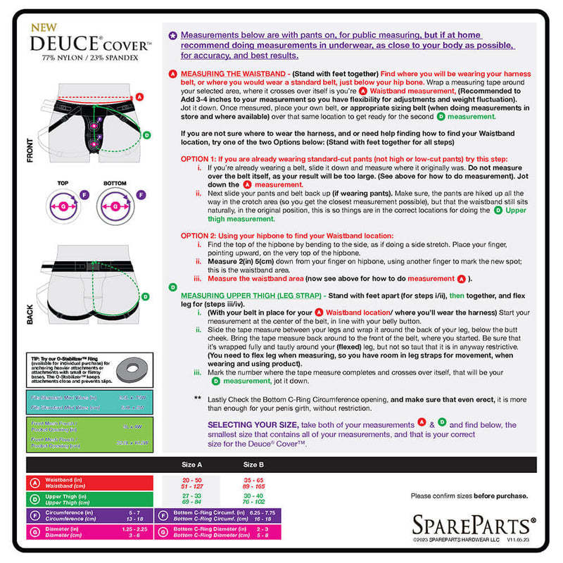 SpareParts Deuce Cover Underwear Harness Black Size A Nylon measurement guide with sizing details and fitting instructions.