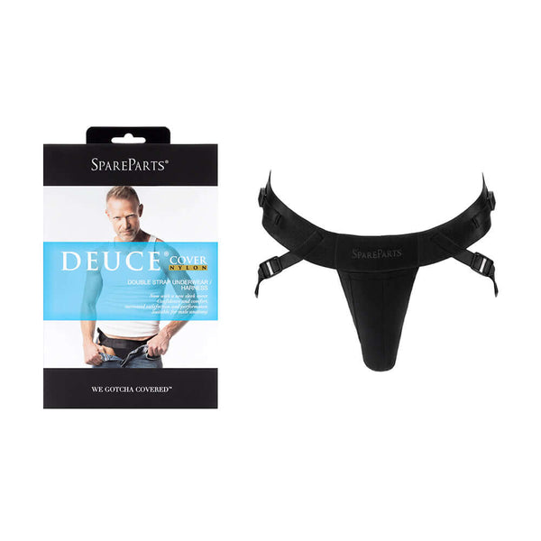 SpareParts Deuce Cover Underwear Harness Black Size B Nylon in packaging with model display.