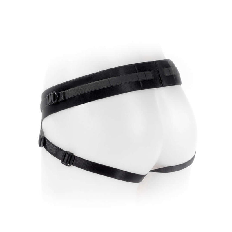 SpareParts Deuce Cover Underwear Harness Black Size B Nylon on a mannequin showcasing its sleek design and adjustable straps.