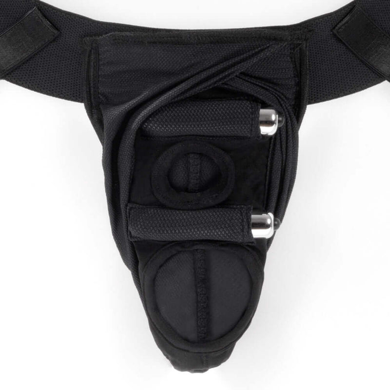 SpareParts Deuce Cover Underwear Harness Black Size B Nylon displayed from above with detailed design features.