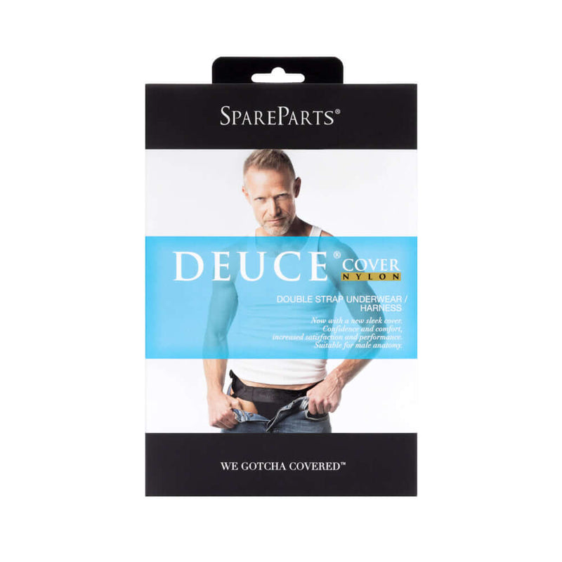 SpareParts Deuce Cover Underwear Harness Black Size B Nylon packaging displaying a male model wearing the harness.