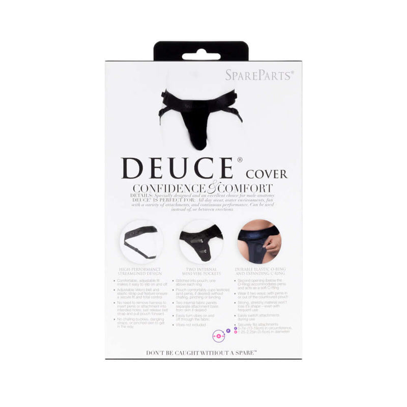 SpareParts Deuce Cover Underwear Harness Black Size B Nylon packaging showcasing features and benefits.