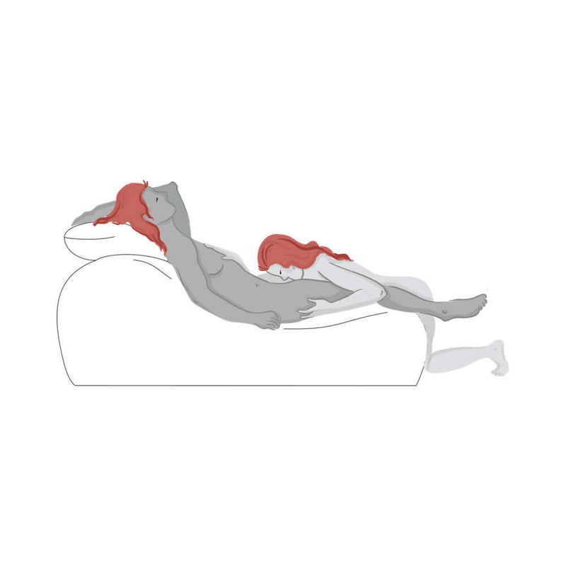 Illustration of the Liberator Esse Tantric Chair Sex Lounger Merlot featuring relaxed couple.