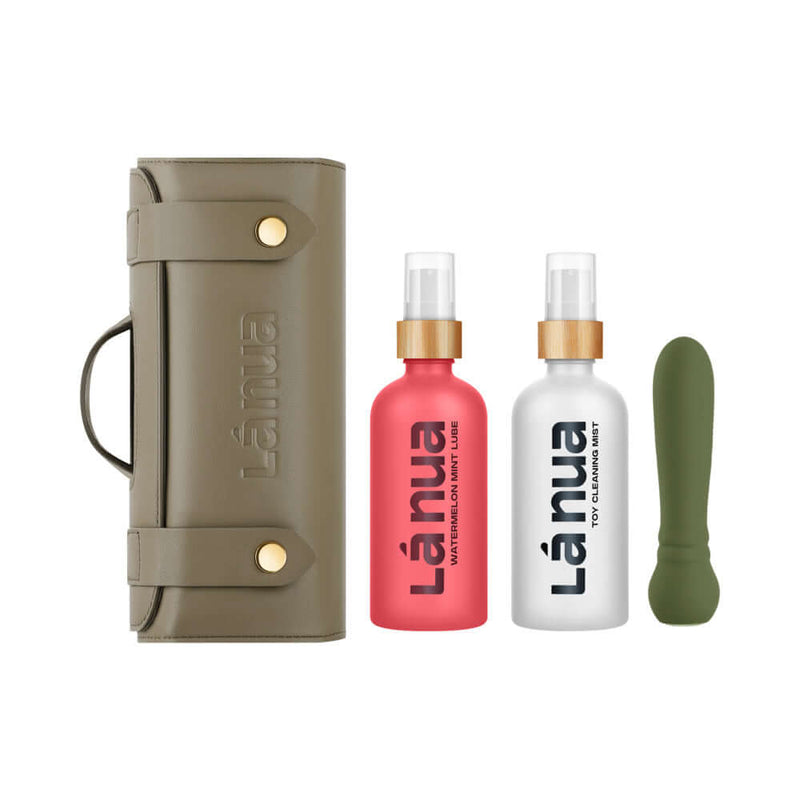 La Nua Gift Bag 3 Ultra Bullet with Toy Cleaner and Watermelon Mint Lube displayed on a stylish organizer.