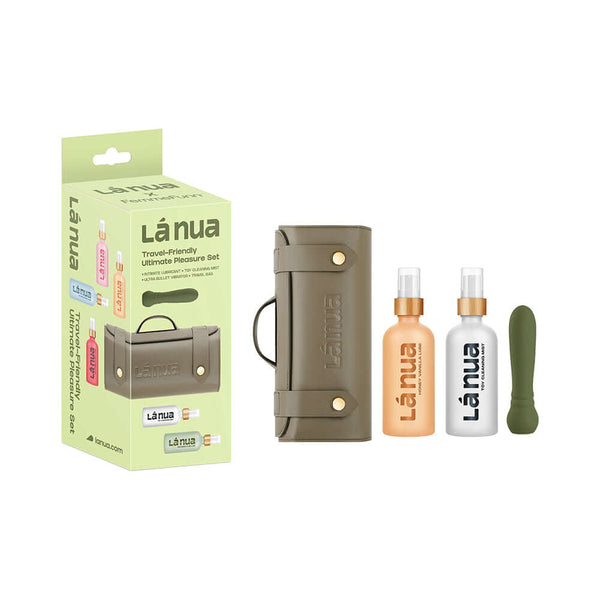 La Nua Gift Bag 4 Ultra Bullet with Toy Cleaner and Honey Vanilla Lube displayed with packaging and products.