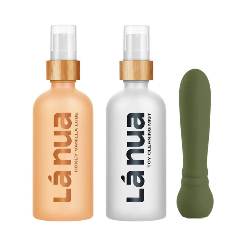 La Nua Gift Bag 4 Ultra Bullet with Toy Cleaner and Honey Vanilla Lube products in elegant packaging.