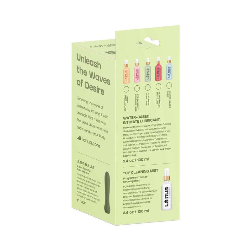 La Nua Gift Bag 4 Ultra Bullet with Toy Cleaner and Honey Vanilla Lube packaging showcasing intimate care essentials.