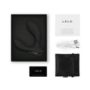 LELO HUGO 2 Prostate Massager Black in packaging with accessories including USB charger and registration card.