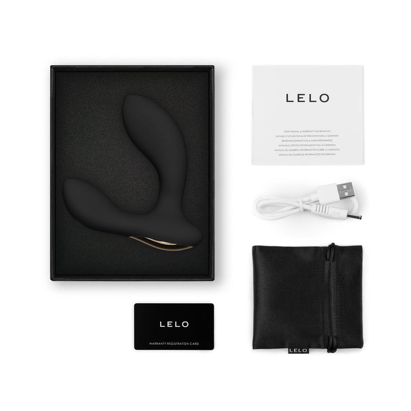 LELO HUGO 2 Prostate Massager Black in packaging with accessories including USB charger and registration card.