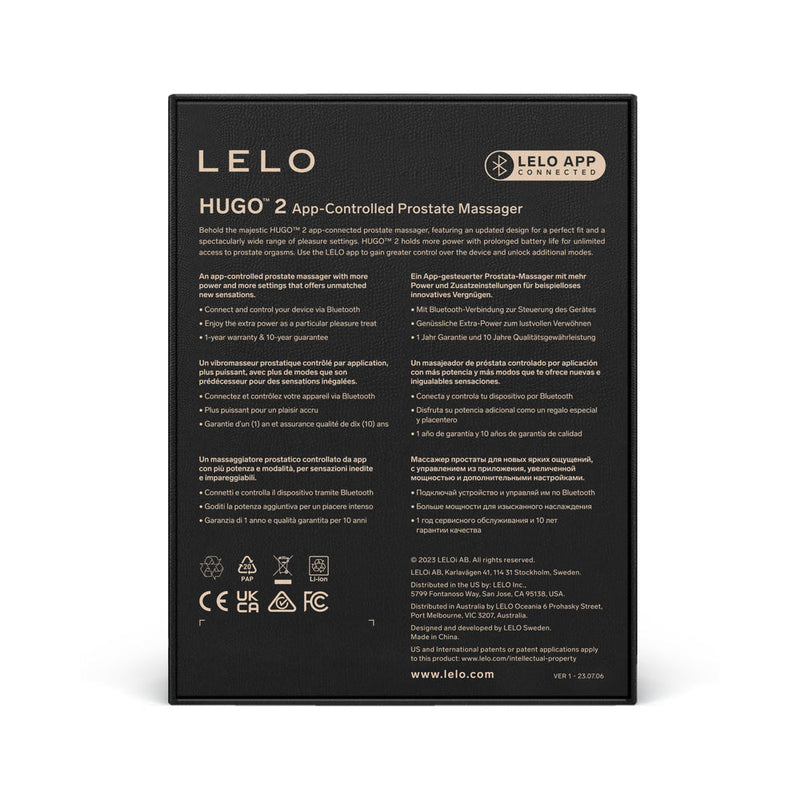 LELO HUGO 2 Prostate Massager Black packaging with product details and features.