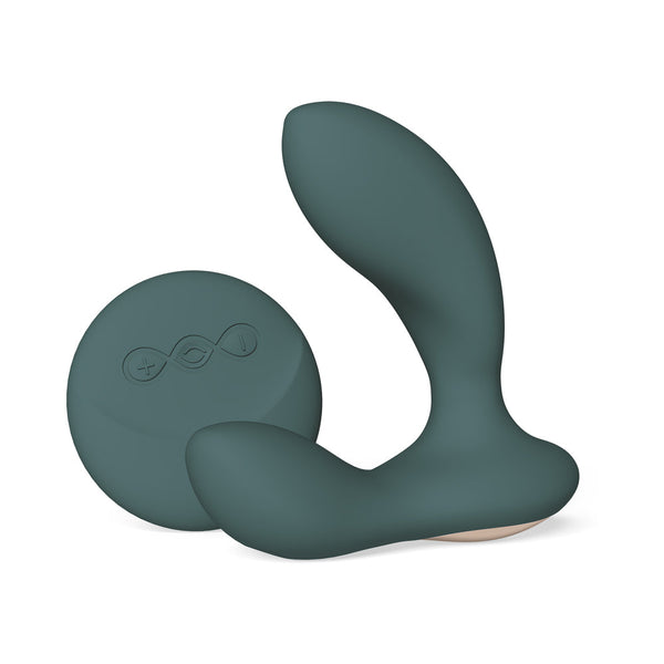 LELO HUGO 2 Prostate Massager with Remote Green displayed with its remote control.
