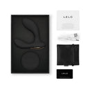 LELO HUGO 2 Prostate Massager with Remote Black in packaging with accessories including a USB charging cable.