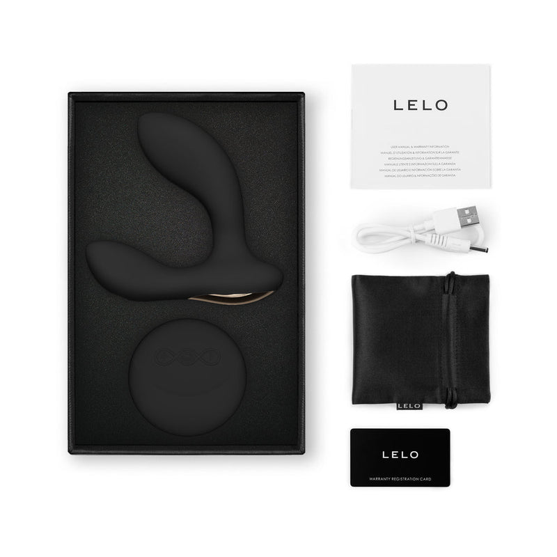 LELO HUGO 2 Prostate Massager with Remote Black in packaging with accessories including a USB charging cable.
