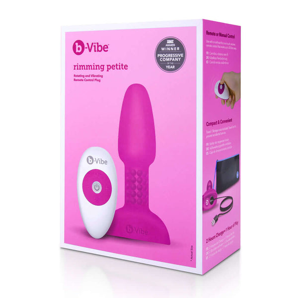 b-Vibe Rimming Petite Rotating Remote Control Plug Fuchsia packaging display with remote.