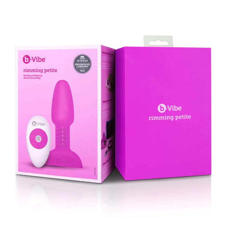 b-Vibe Rimming Petite Rotating Remote Control Plug Fuchsia packaging and product on display.