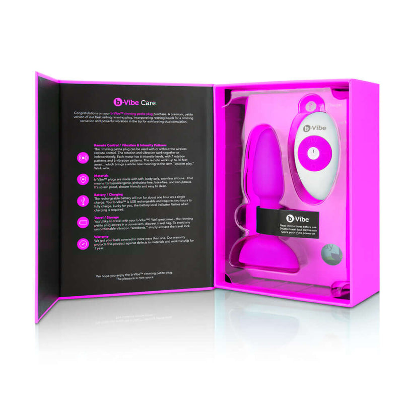 b-Vibe Rimming Petite Rotating Remote Control Plug Fuchsia in vibrant packaging with remote control.
