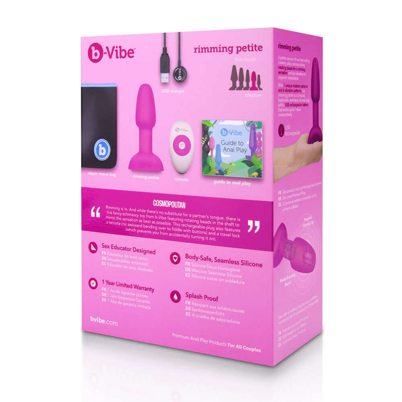 b-Vibe Rimming Petite Rotating Remote Control Plug Fuchsia packaging showcasing features and components.