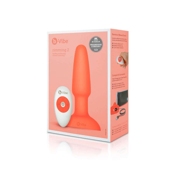 b-Vibe Rimming 2 Rotating and Vibrating Remote Control Plug Orange packaging showcasing innovative anal pleasure technology.